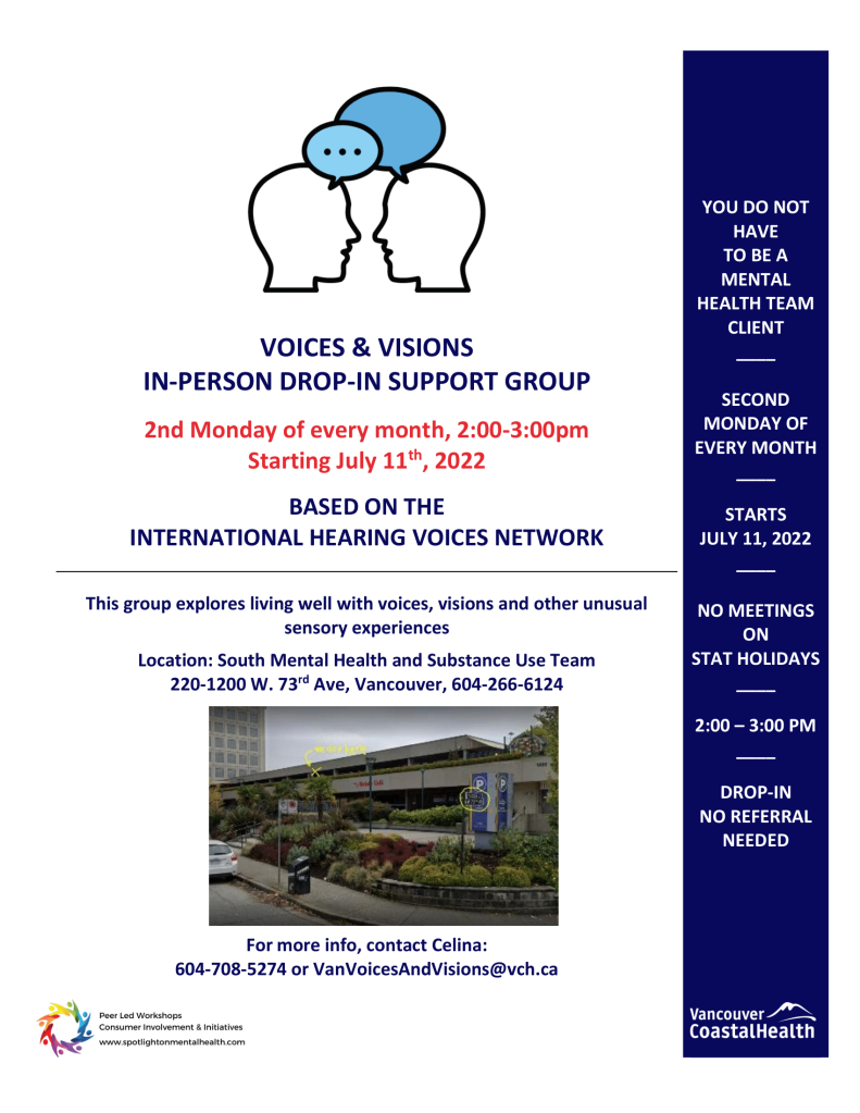 Flyer summarizing the information listed above for the South Mental Health Team Voices & Visions support group