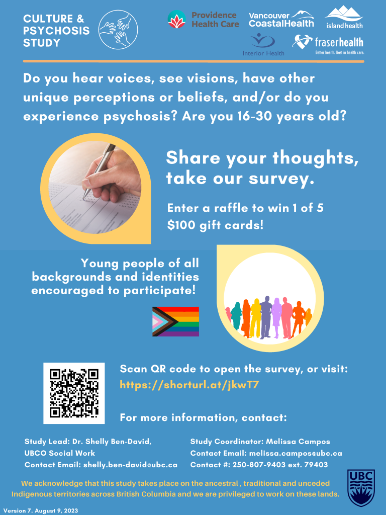A flyer for the Culture & Psychosis Study summarizing the same information as above. The flyer shows an image of a person filling out a survey, an image of multicoloured silhouettes of people standing on a white background, and the Progress Pride Flag. There is a QR code in the lower left corner of the flyer.