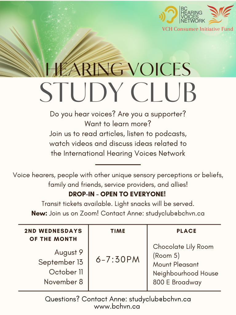 A flyer for the Hearing Voices Study Club summarizing the information above. It shows a photo of an open book with the pages turning.