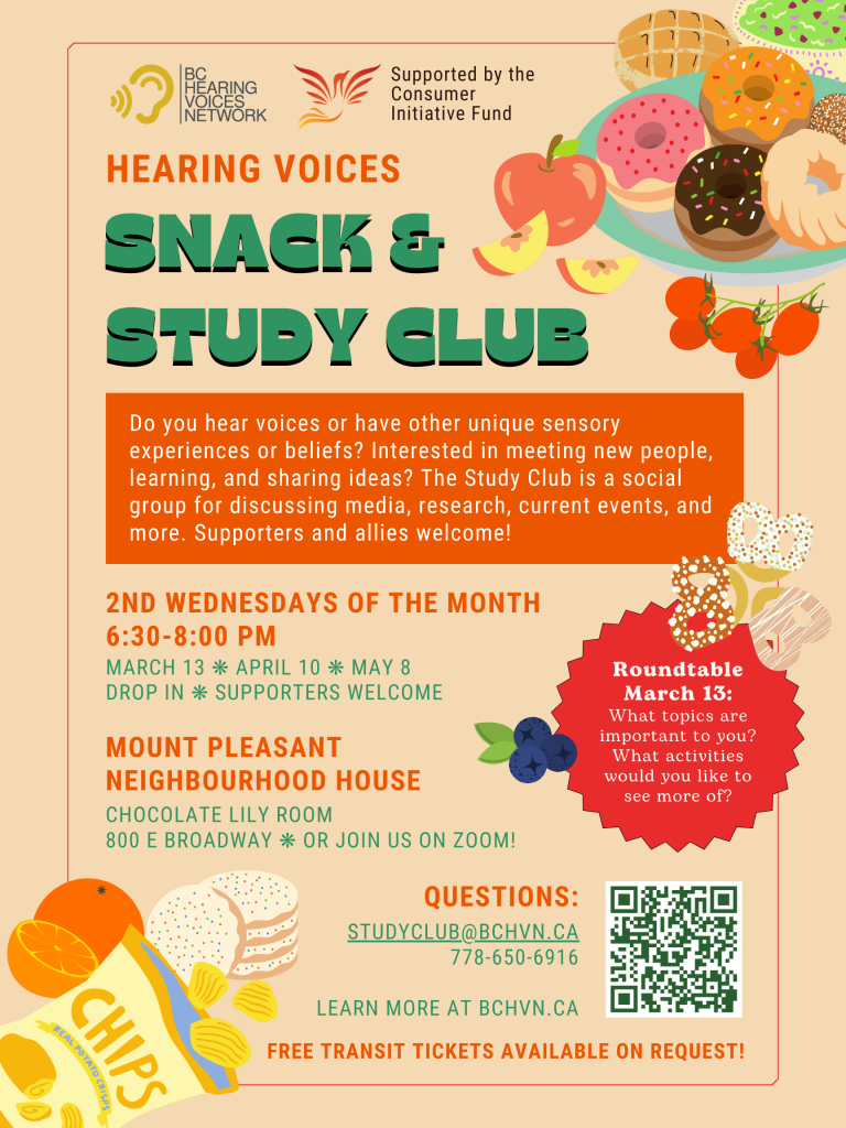 Flyer for the Hearing Voices Study Club summarizing the information listed above. It features a colourful orange and green design with images of snack foods.